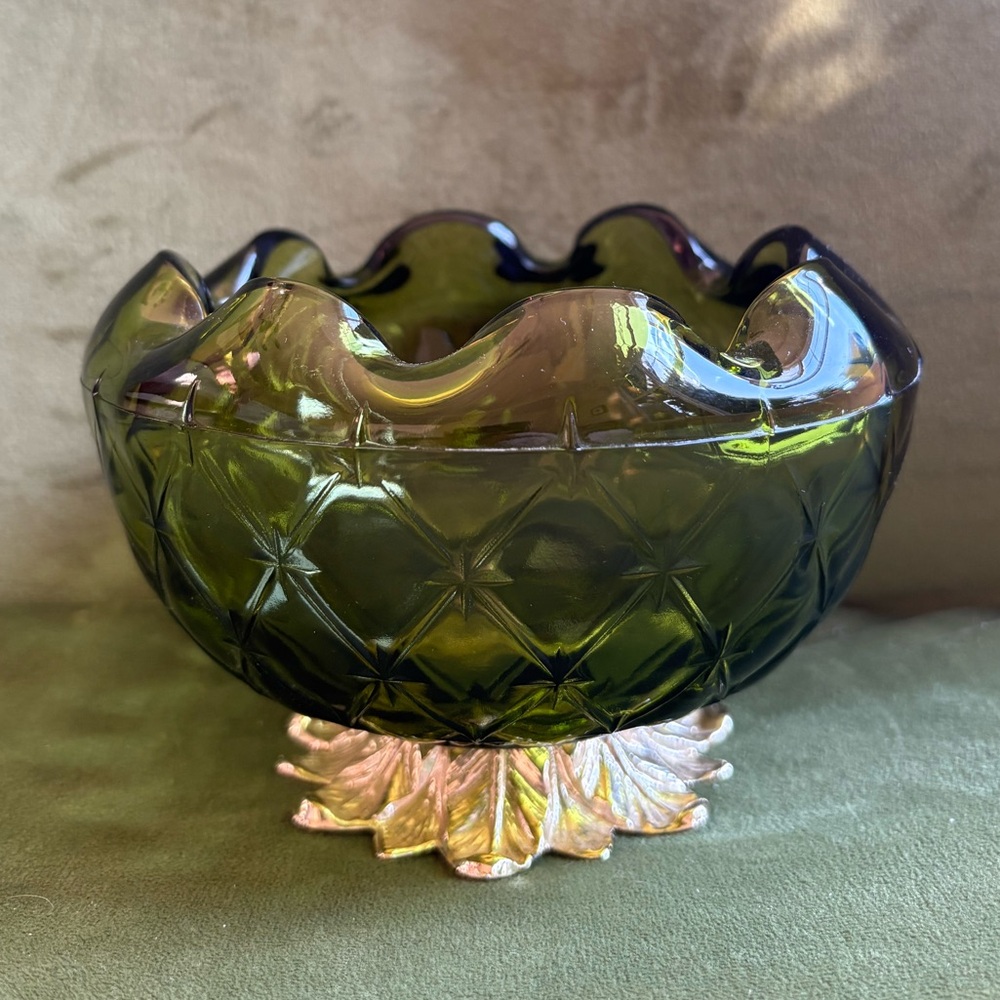 Vintage 1960's Indiana Glass Emerald Green Gold Footed Duette Pattern Bowl Dish